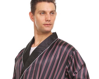 Mens Silk Satin Robe - Black - Burgundy - White Stripe