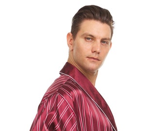 Mens Silk Satin Robe - Burgundy White Stripe