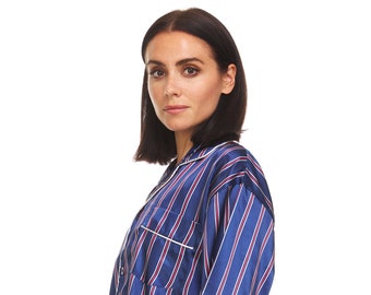 Women&#39;s Silk Satin Pajamas - PJ Set Top and Bottom - Royal Blue -Burgundy - White Stripe