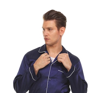 Mens Silk Satin Pajamas - PJ Set Top and Bottom - Navy - White Piping