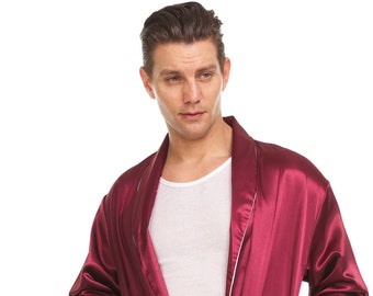 Mens Silk Satin Robe - Burgundy