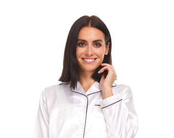 Womens Silk Satin Pajamas - PJ Set Top and Bottom -  White = Black Piping
