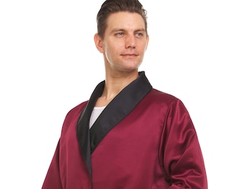 Mens Silk Satin Robe - Heavy Weight Fully Lined Burgundy - Black Collar / Cuffs