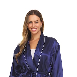 Bata de satén sedoso para mujer con ribetes azul marino / blanco - ( SR-NVY )