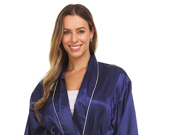 Women's Silky Satin Robe Navy / White Piping - ( SR-NVY )