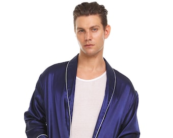 Mens Silk Satin Robe - NAVY  BLUE