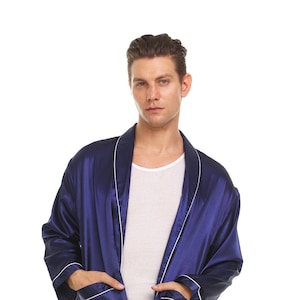 Bata de satén de seda para hombre - AZUL MARINO