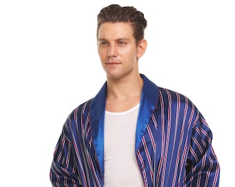 Men's Silk Satin Robe - Royal Blue Purple - White Stripe