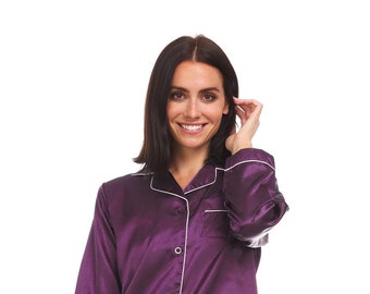 Women&#39;s Silk Satin Pajamas - PJ Set Top and Bottom - Purple - White Piping