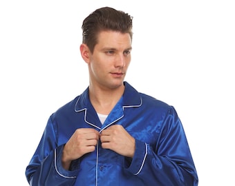 Mens Silk Satin Pajamas - PJ Set Top and Bottom - Blue- White Piping
