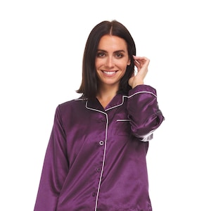 Women's Silk Satin Pajamas - PJ Set Top and Bottom - Purple - White Piping