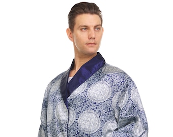 Mens Silk Satin Robe - Navy Auspicious