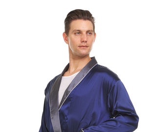 Mens Silk Satin Robe - Navy Shell  /  Grey Collar -Cuffs