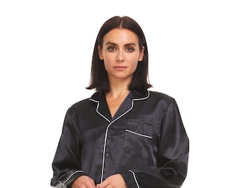Womens Silk Satin Pajamas - PJ Set Top and Bottom - Black - White  Piping