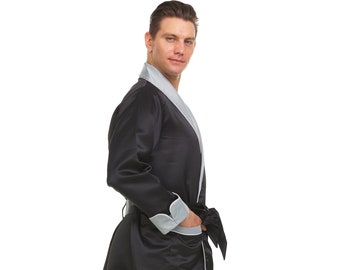 Men's Silk-Lined Cashmere Robe - Navy with Green Silk Lining - S