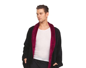 Bathrobe - Coral Fleece Shawl Collar - Black /  RED Collar     ( Monogram Lettering up to 3 Letters Optional )