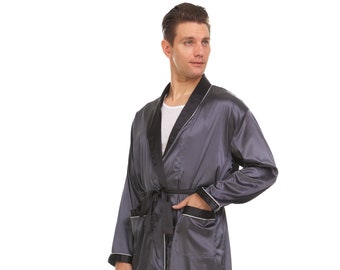 Mens Silk Satin Robe - Grey Black Collar