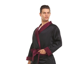 Mens Silk Satin Robe - Heavy Weight Fully Lined BLACK /  Burgundy