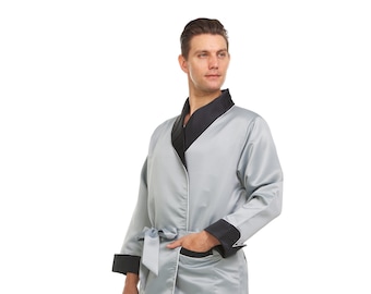 Mens Silk Satin Robe - Heavy Weight Fully Lined GREY  / Black - White Piping