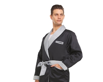 Mens Silk Satin Smoking Jacket  Black / Silver