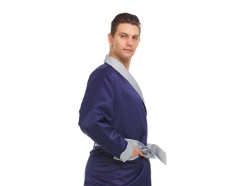Mens Silk Satin Smoking Jacket  Navy  Shell / Grey Collar