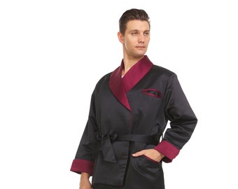 Mens Silk Satin Smoking Jacket  Black Shell / Burgundy Collar