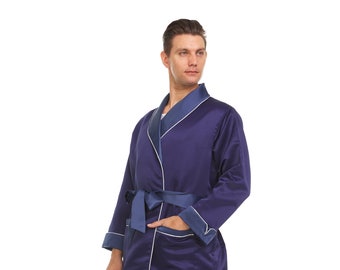 Mens Silk Satin Robe - Heavy Weight  Fully Lined  Navy - White Piping