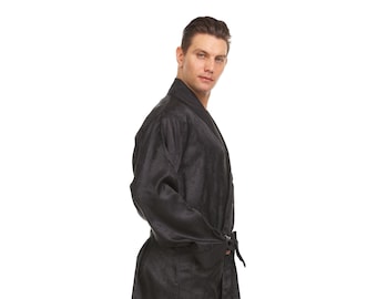 Mens Silk Satin Robe -HEAVYWEIGHT - Fully Lined - Solid Black / Blue Piping