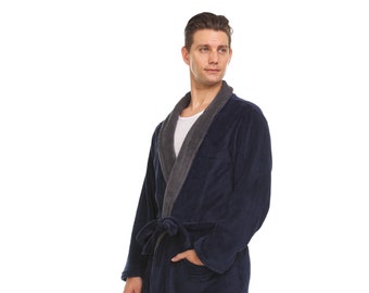 Bathrobe - Coral Fleece Shawl Collar - Navy /  Grey Collar  ( Monogram Lettering up to 3 Letters Optional )