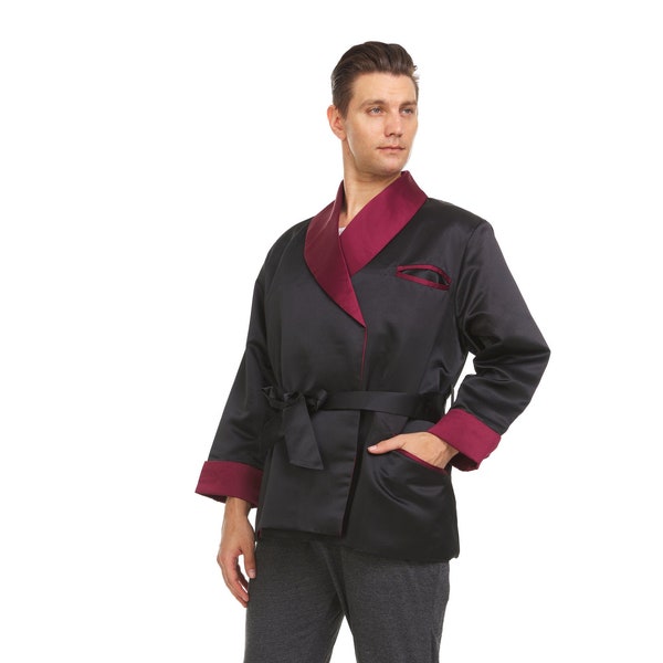 Mens Silk Satin Smoking Jacket  Black Shell / Burgundy Collar