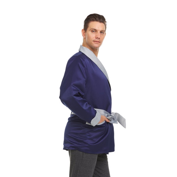 Mens Silk Satin Smoking Jacket  Navy  Shell / Grey Collar