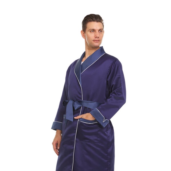 Mens Silk Satin Robe - Heavy Weight  Fully Lined  Navy - White Piping