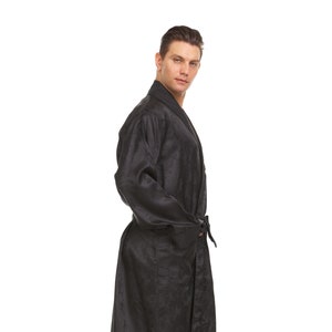 Bata de satén de seda para hombre - PESO PESADO - Completamente forrado - Ribete negro / azul sólido
