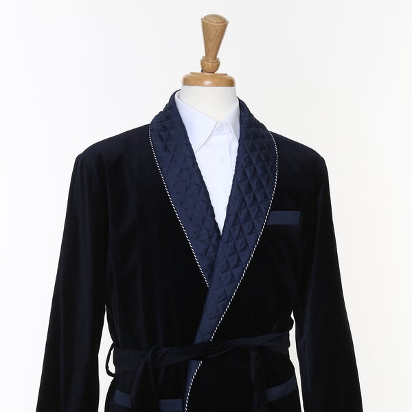 Smoking Jacket Velvet Navy Shell Satin Embroidery Hip Length - Rack Size - Hand Made