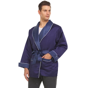 Chaqueta de fumar de satén de seda para hombre - Azul marino