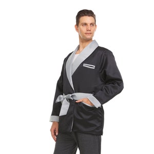 Chaqueta de fumar de satén de seda para hombre negra / plateada