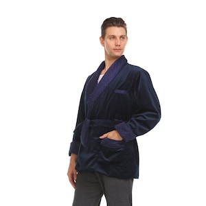 Smoking Jacket Terciopelo Azul Marino Hecho A Mano
