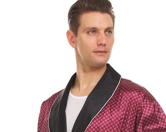 Mens Silk Satin Robe - Burgundy - Black Checker