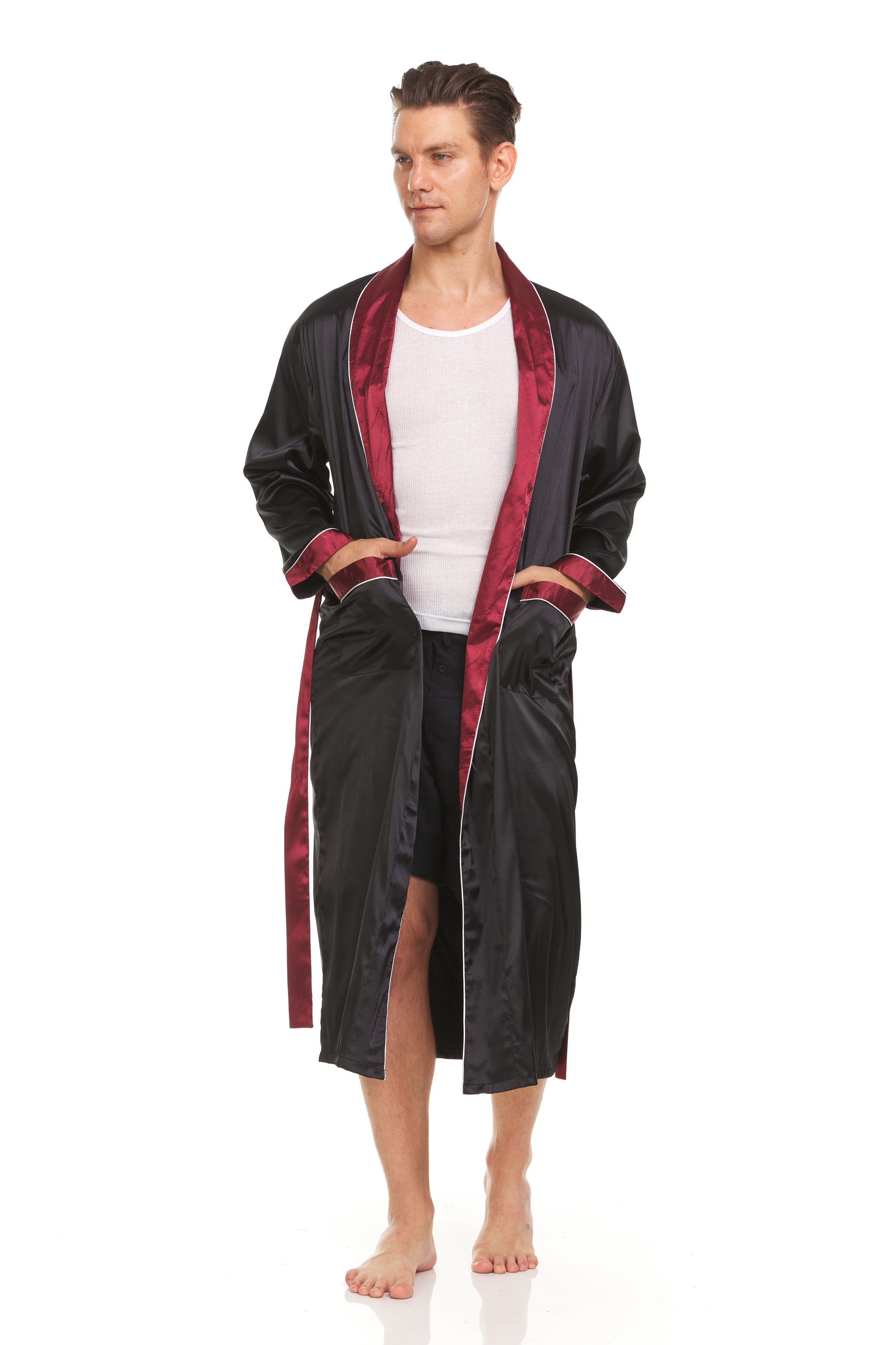 mens burgundy silk robe