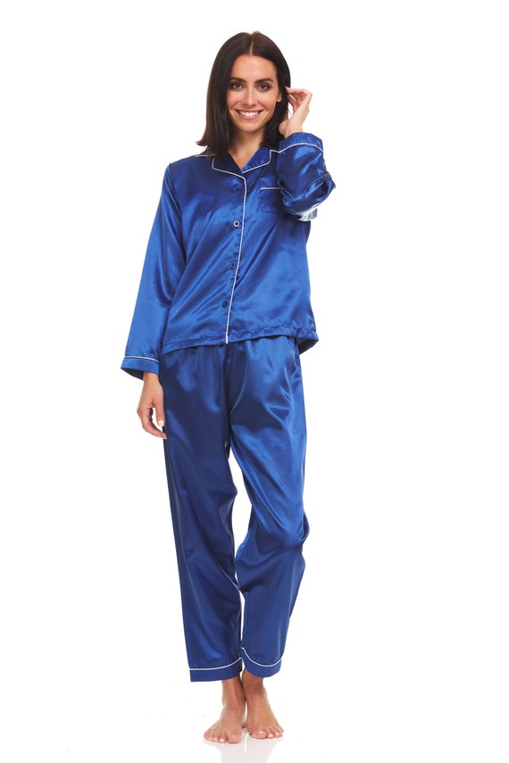 Pyjama Femme Satin Soie Ensemble Pyjama Haut et Bas Bleu Passepoil