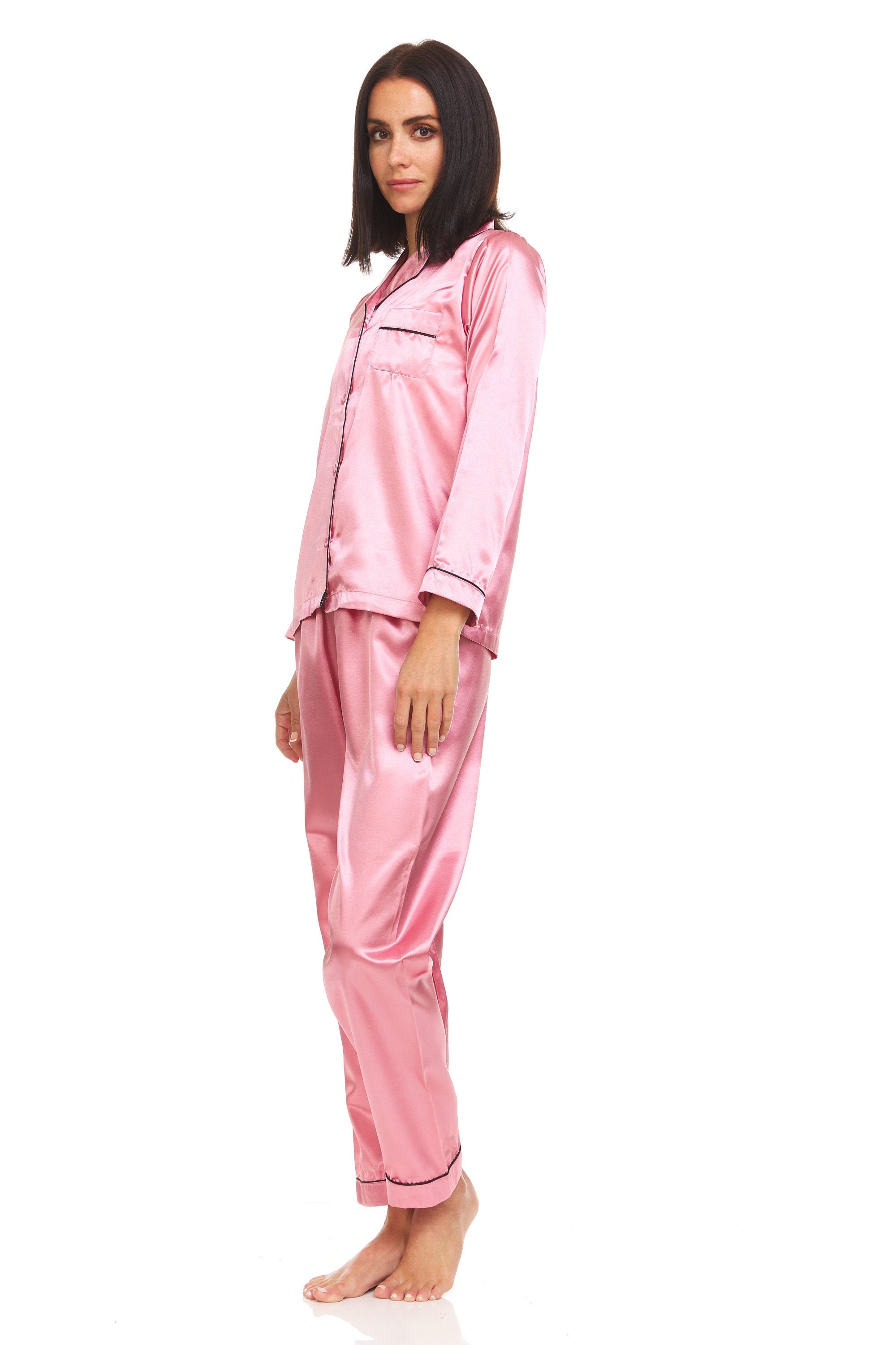 Women's Silk Satin Pajamas PJ Set Top and Bottom Pink Black Piping -   Canada