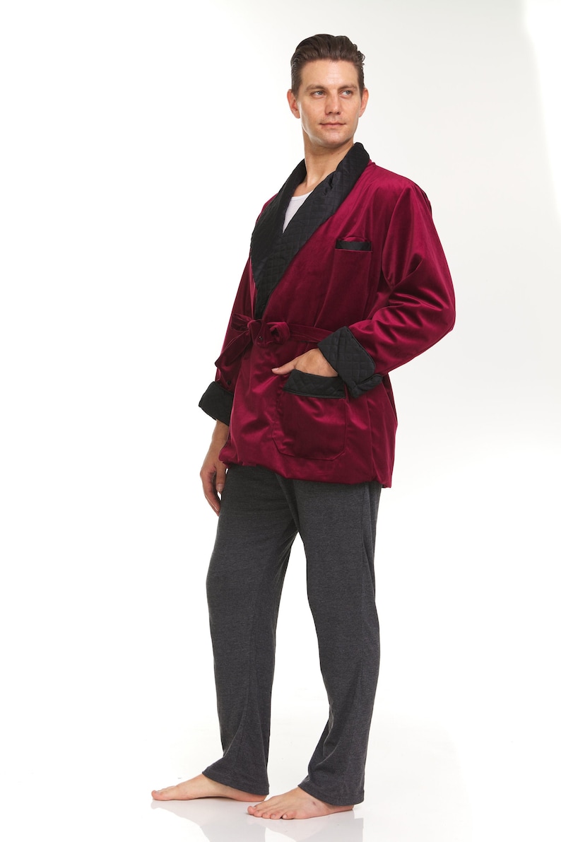 Mens Velvet Smoking Jacket Burgundy / Black Hand Made image 1