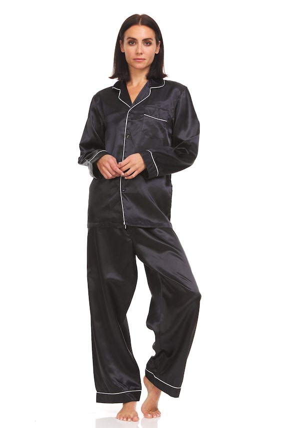 Pyjama Femme Satin Soie Ensemble Pyjama Haut et Bas Noir Passepoil