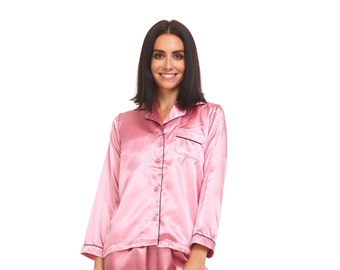 Women's Silk Satin Pajamas - PJ Set Top and Bottom - Pink - Black Piping