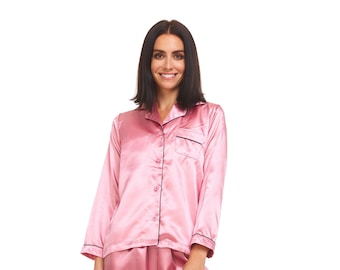Women's Silk Satin Pajamas - PJ Set Top and Bottom - Pink - Black Piping