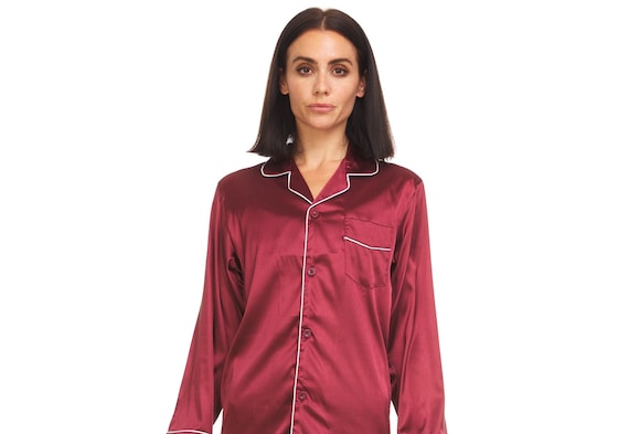 Womens Silk Satin Pajamas PJ Set Top and Bottom Burgundy White Piping Etsy Canada
