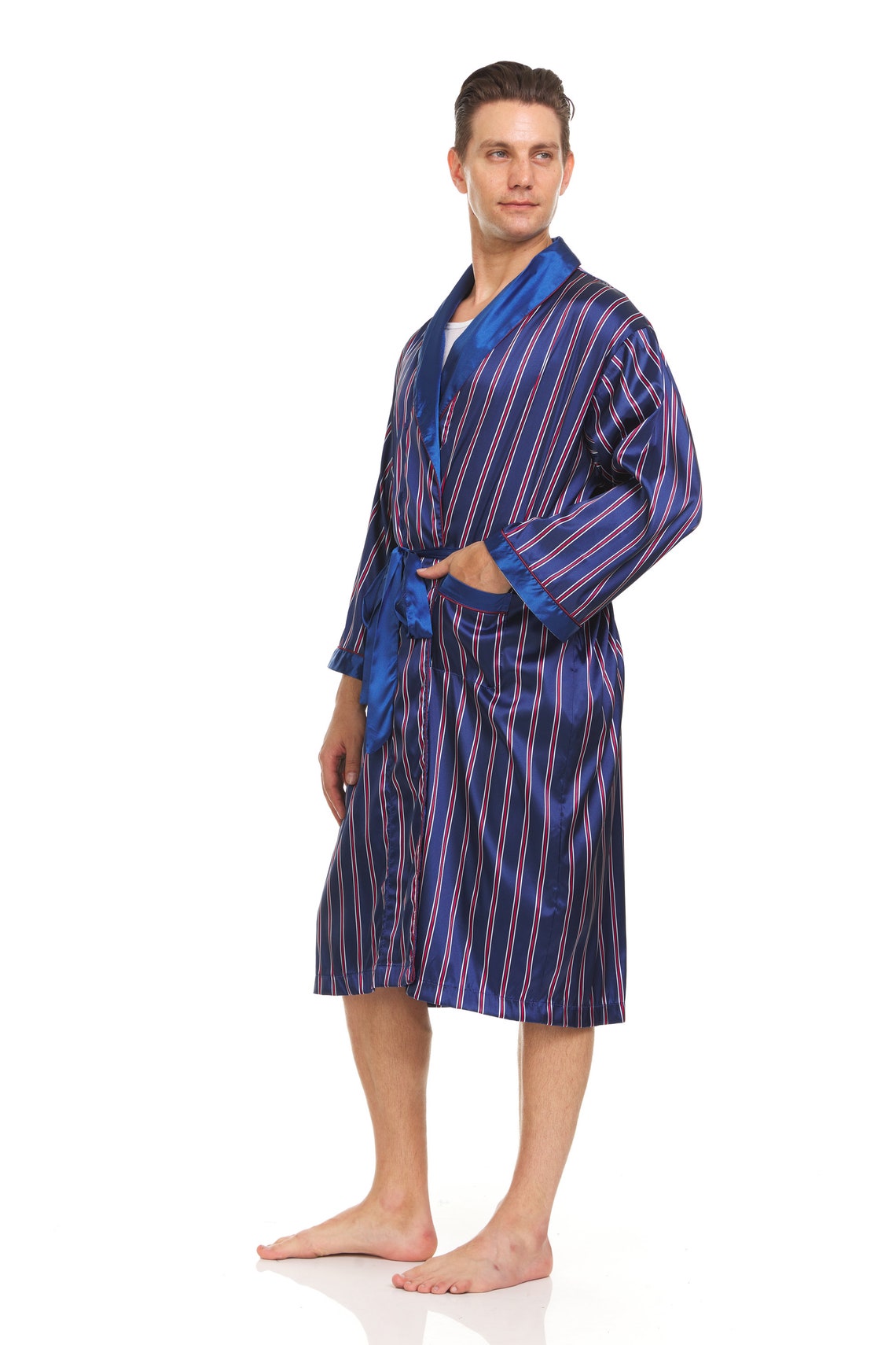 Men's Silk Satin Robe Royal Blue Purple White Stripe Etsy