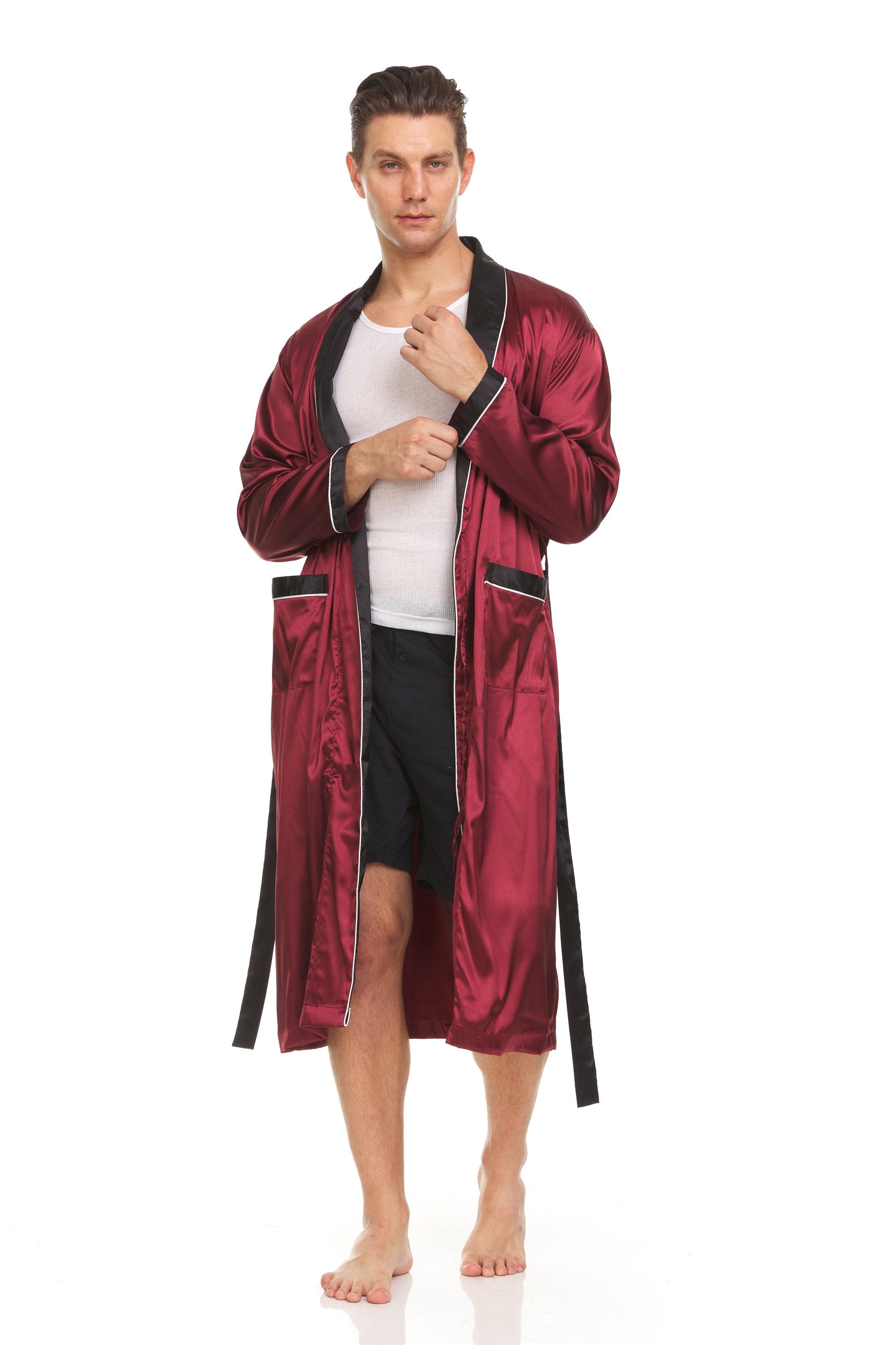 mens burgundy silk robe