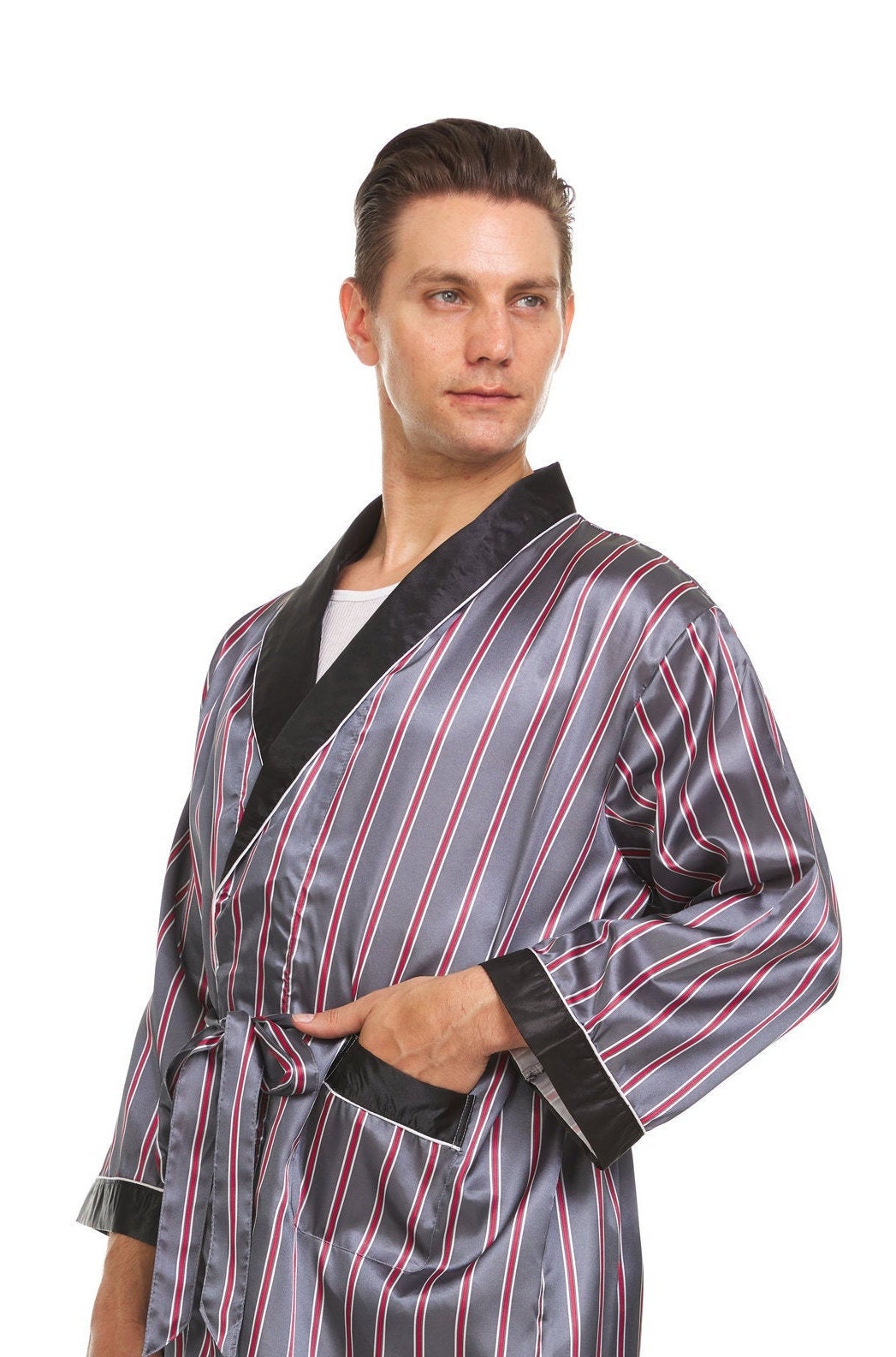 Mens Silk Satin Robe Stripe Grey Etsy