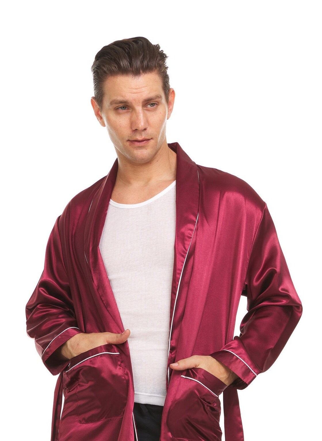 mens burgundy silk robe